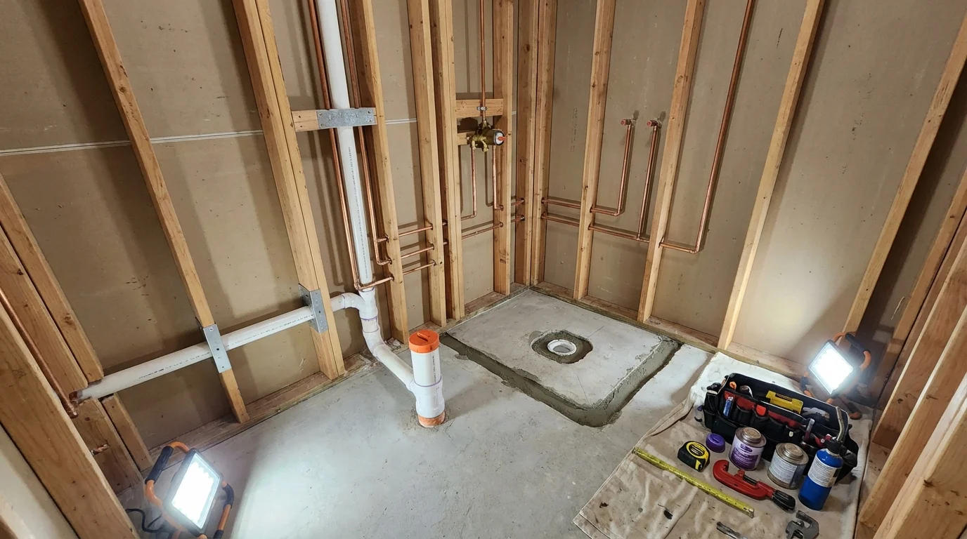 Bathroom rough-in plumbing during remodel by Johns Plumbing LLC in Shaw
