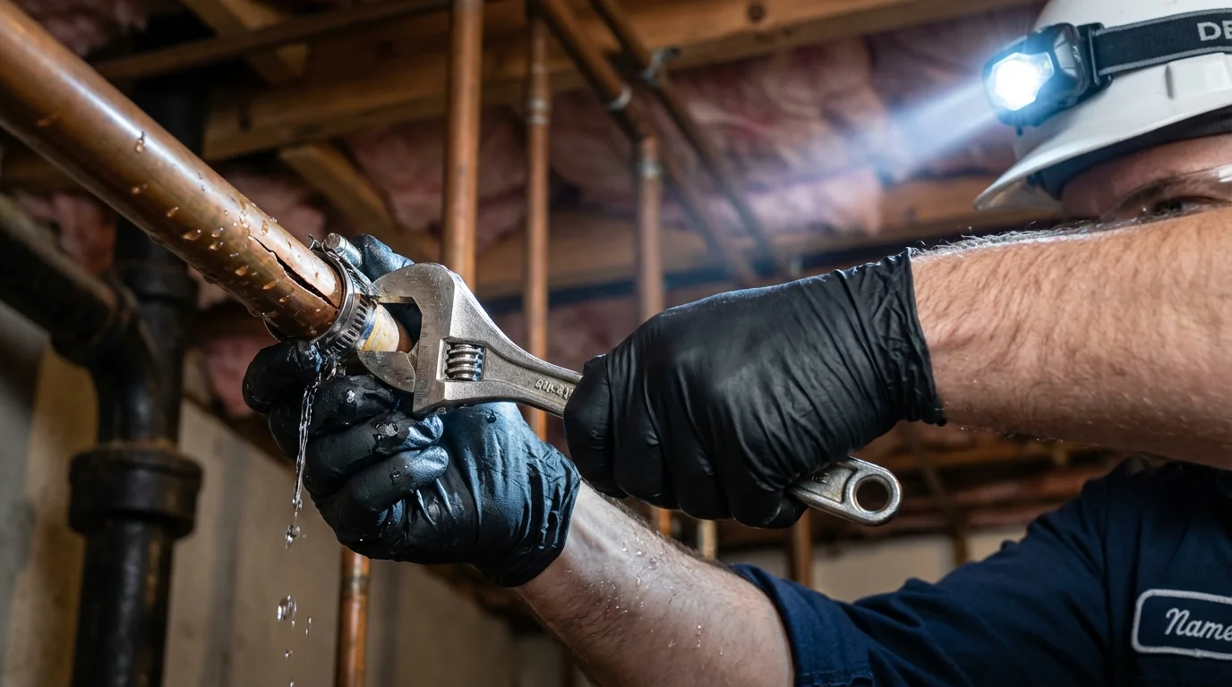 Emergency pipe clamp repair being performed by a Johns Plumbing LLC plumber in Shaw
