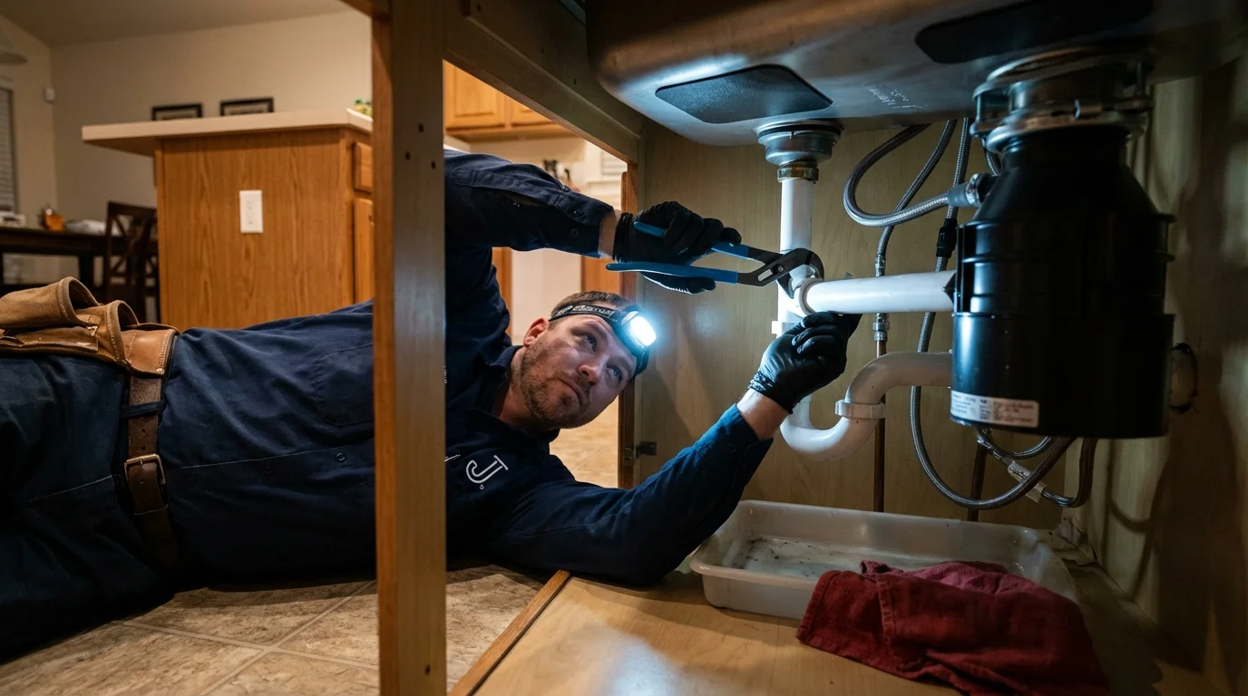P-trap and supply line connections under a kitchen sink showing a common leak point in Shaw, MS